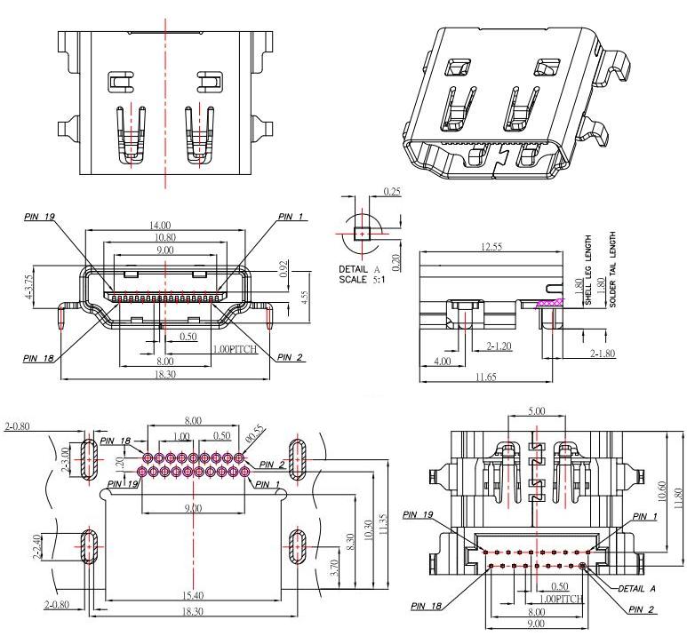 HDMI JACK DIP ,沉板HDMI插座 H:3.75/HDMI-A-7規格圖