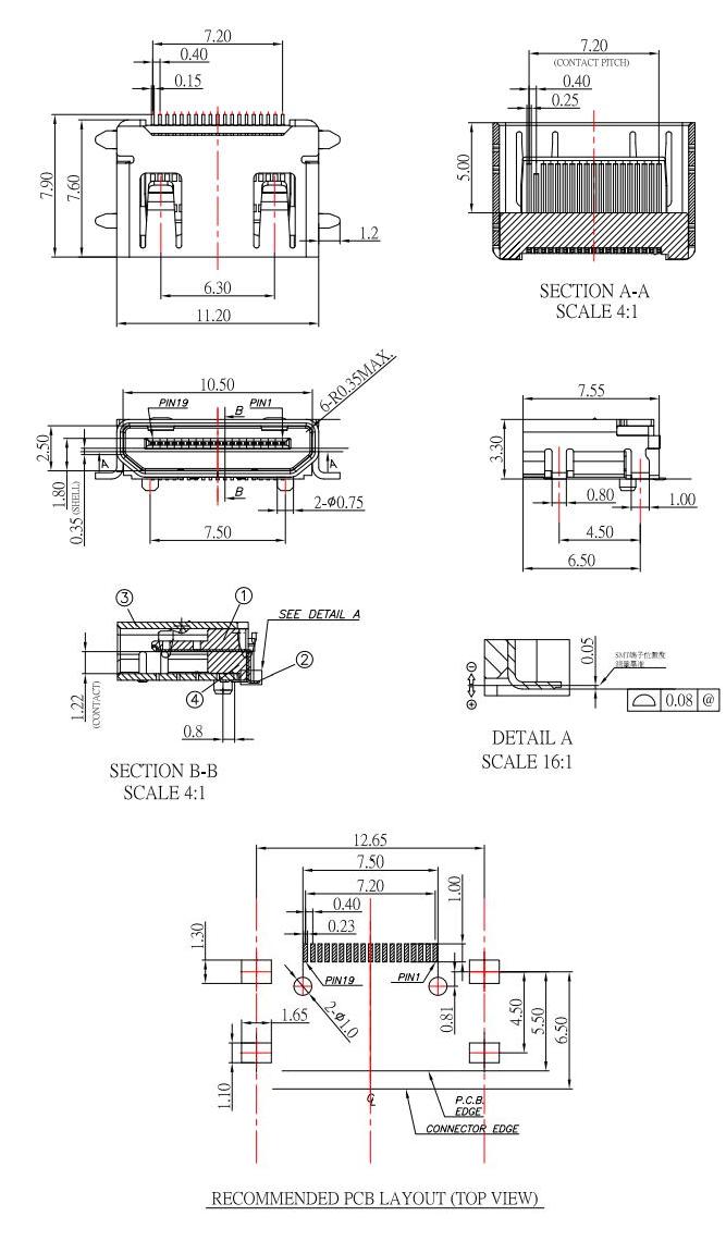 HDMI C TYPE,全貼HDMI母座有柱,迷你HDMI插座帶固定柱,HDMI-C-1規格書