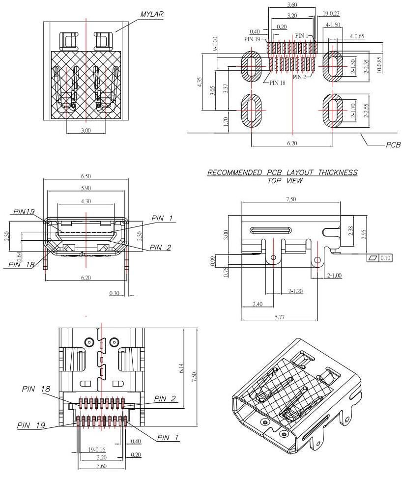 HDMI JACK D TYPE,雙排HDMI插座貼片SMD ,HDMI母座外殼4腳插板 HDMI-D-1規格圖