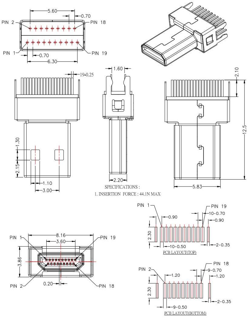 HDMI-D-6  D TYPE 公頭夾板,板厚1.6mm，HDMI JACK SERIES規(guī)格圖