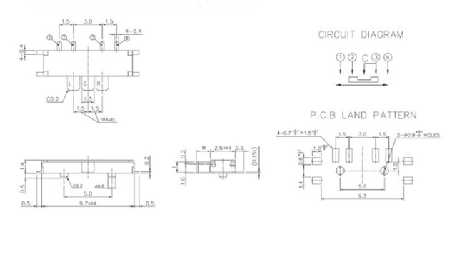 mini八腳撥動開關尺寸圖 mini八腳撥動開關尺寸圖