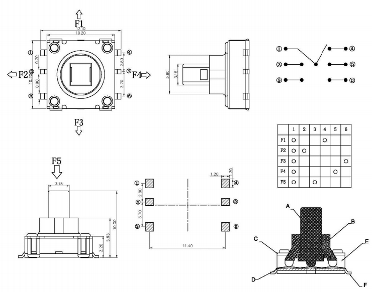 10*10*10貼片五向開(kāi)關(guān)尺寸圖 10*10*10貼片五向開(kāi)關(guān)尺寸圖